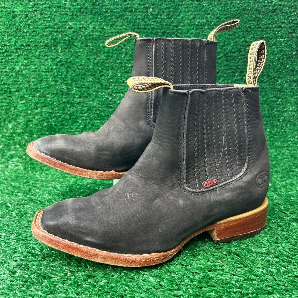 El Besserro Kids Black Leather Square Toe Western Chelsea Boots Size 20 Mexican